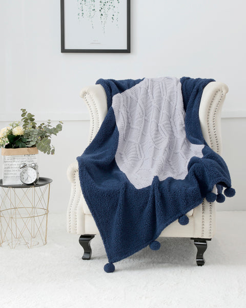 Gemarwel Knit Sherpa Pom Pom Blanket Cream Navy Blue