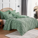 Gemarwel Green Duvet Cover Queen Boho- Queen Size Jacquard Tufted Geo Bedding Set, 3 Pcs Farmhouse All Season Textured Chic Duvet Cover with 2 Pillow Shams (Green, 90 x 90)