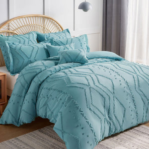 Gemarwel Blue Duvet Cover King Boho- King Size Jacquard Tufted Geo Bedding Set, 3 Pcs Farmhouse All Season Textured Chic Duvet Cover with 2 Pillow Shams (Blue, 104 x 90)