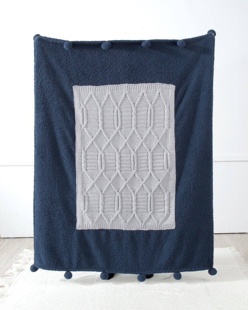 Gemarwel Knit Sherpa Pom Pom Blanket Cream Navy Blue