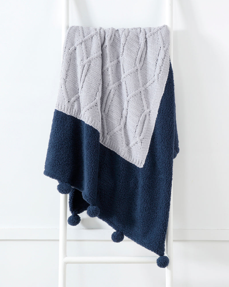 Gemarwel Knit Sherpa Pom Pom Blanket Cream Navy Blue